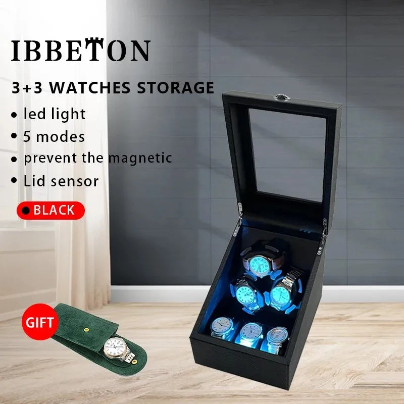 IBBETON 6 card slot automatic watch winding luxury storage box rotating display box Wooden box material crocodile PU leather